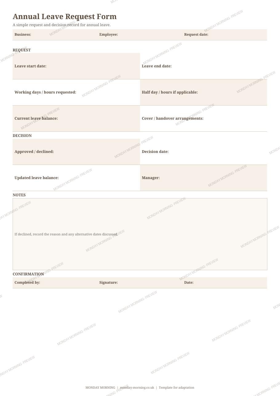 Annual Leave Request Form preview