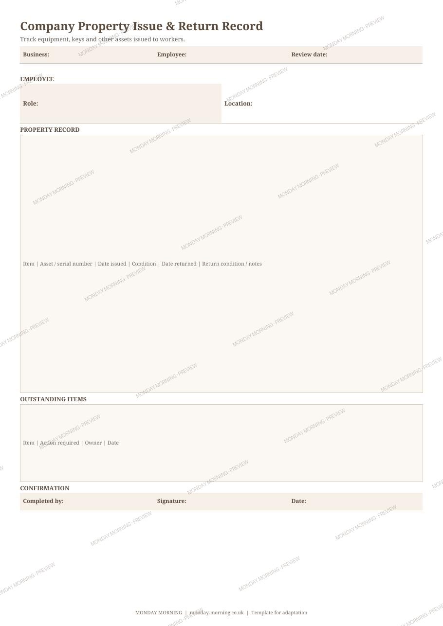Company Property Issue & Return Record preview