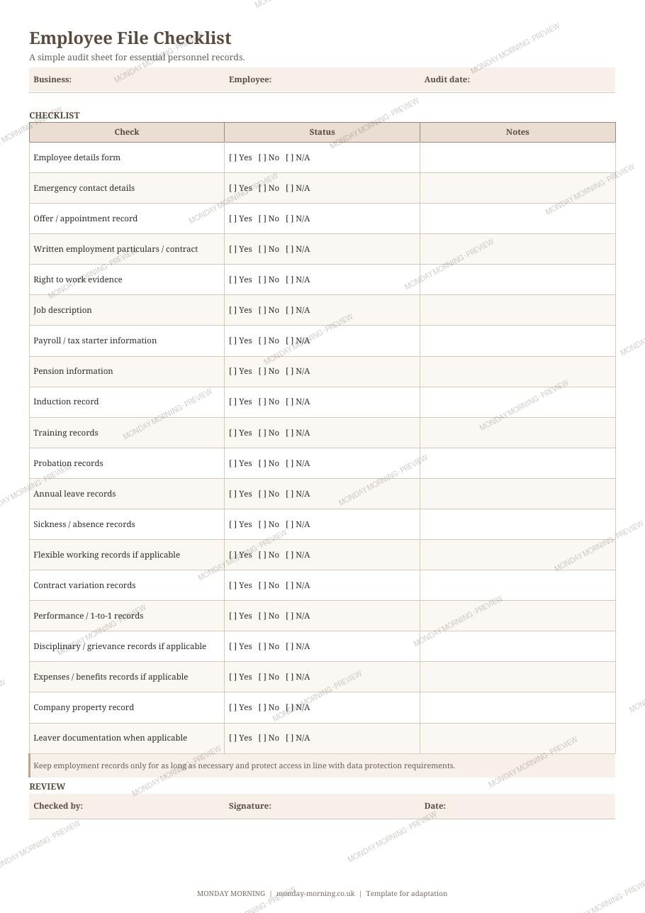 Employee File Checklist preview