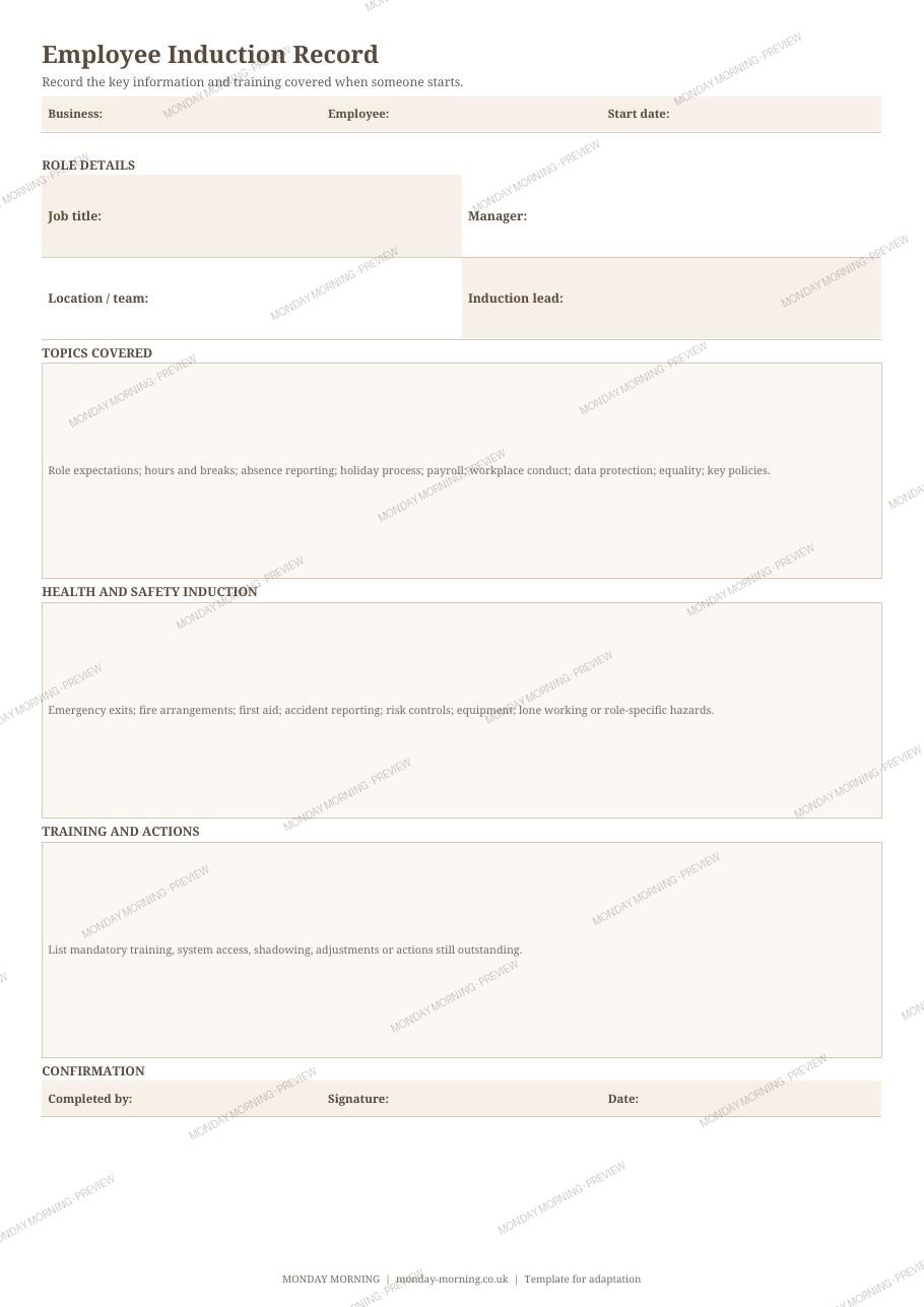 Employee Induction Record preview