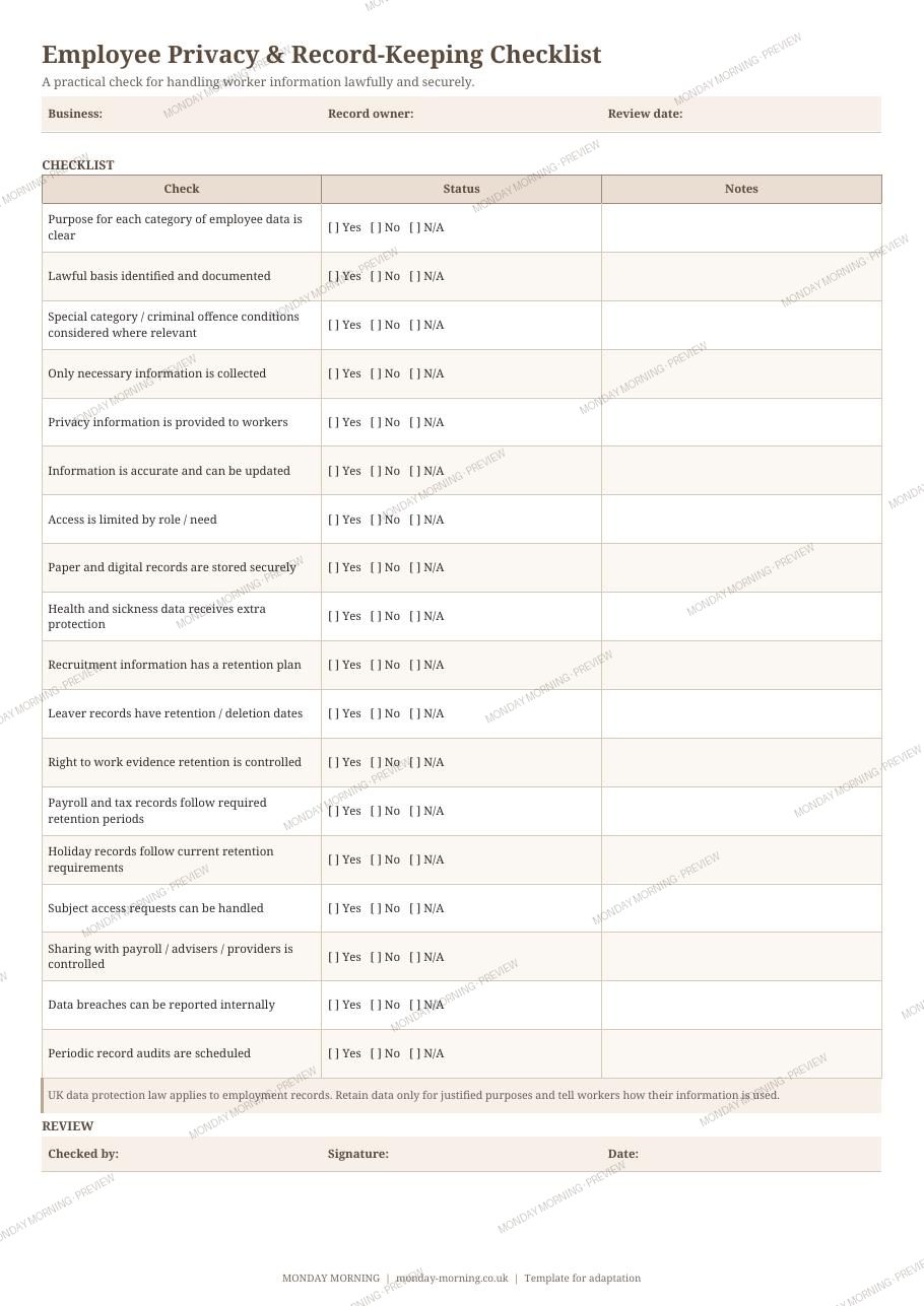 Employee Privacy & Record-Keeping Checklist preview