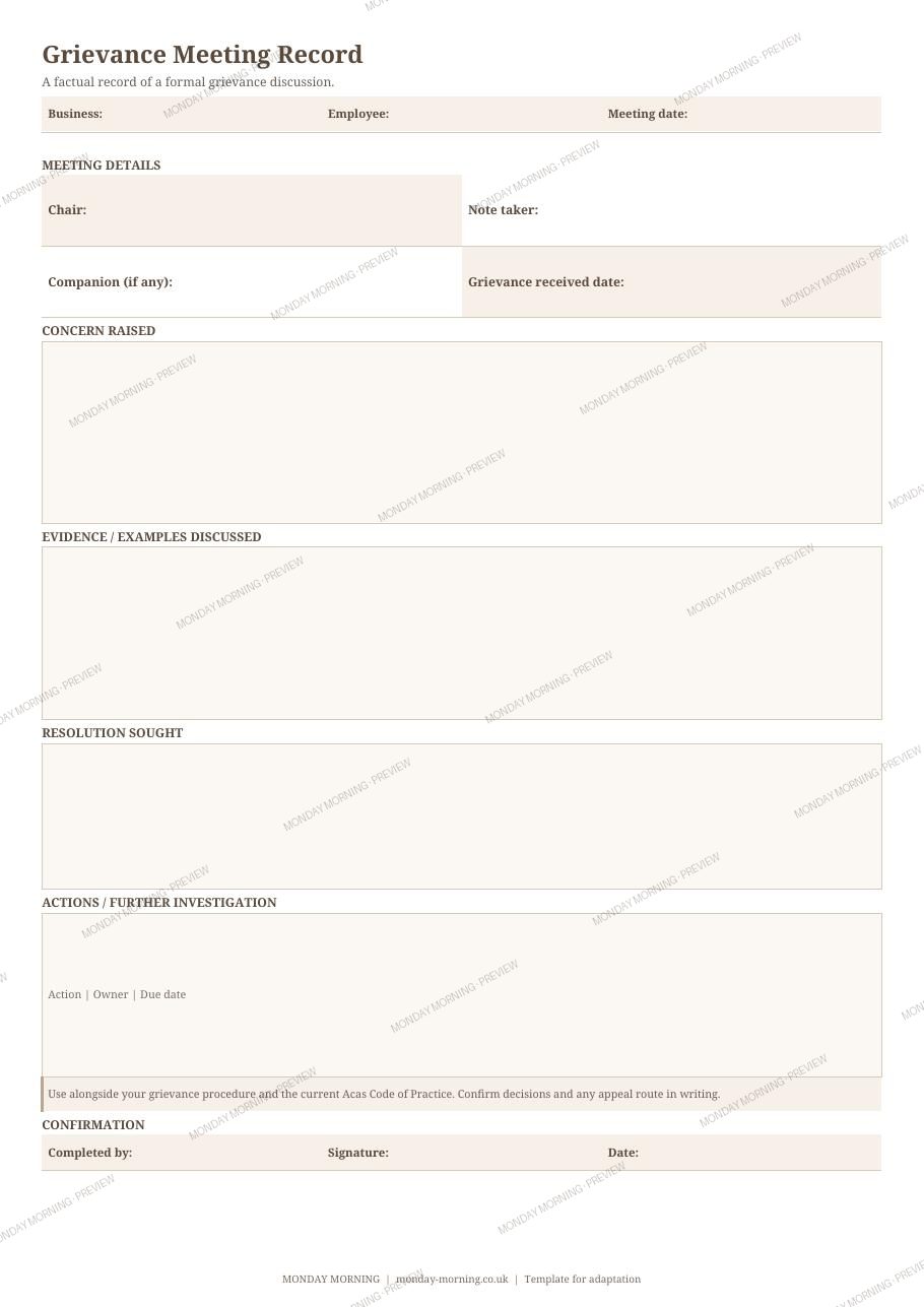 Grievance Meeting Record preview