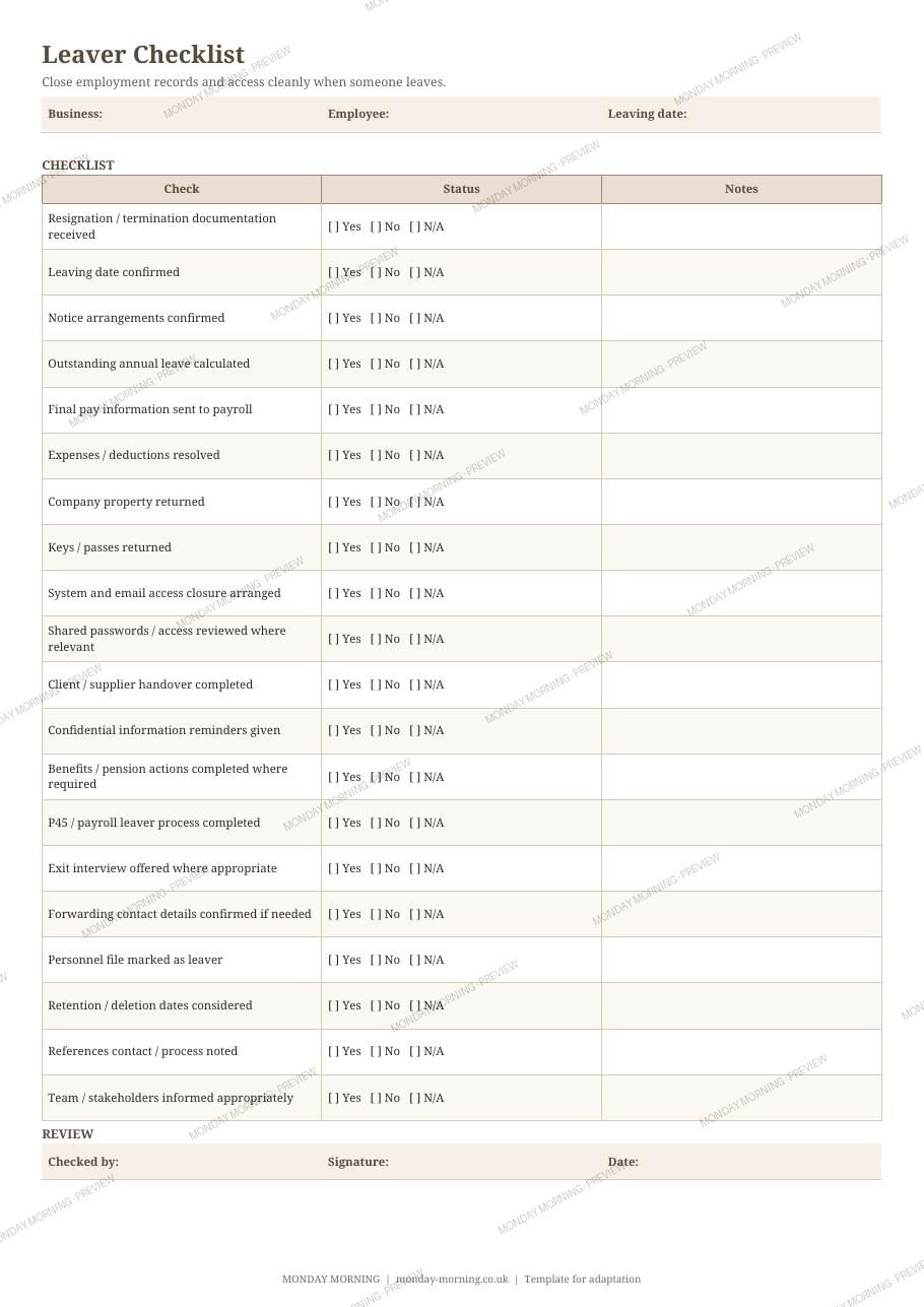 Leaver Checklist preview