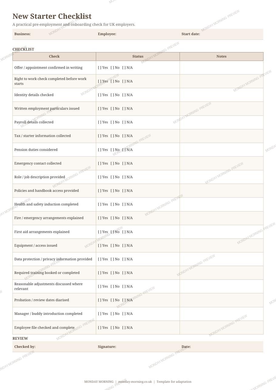 New Starter Checklist preview