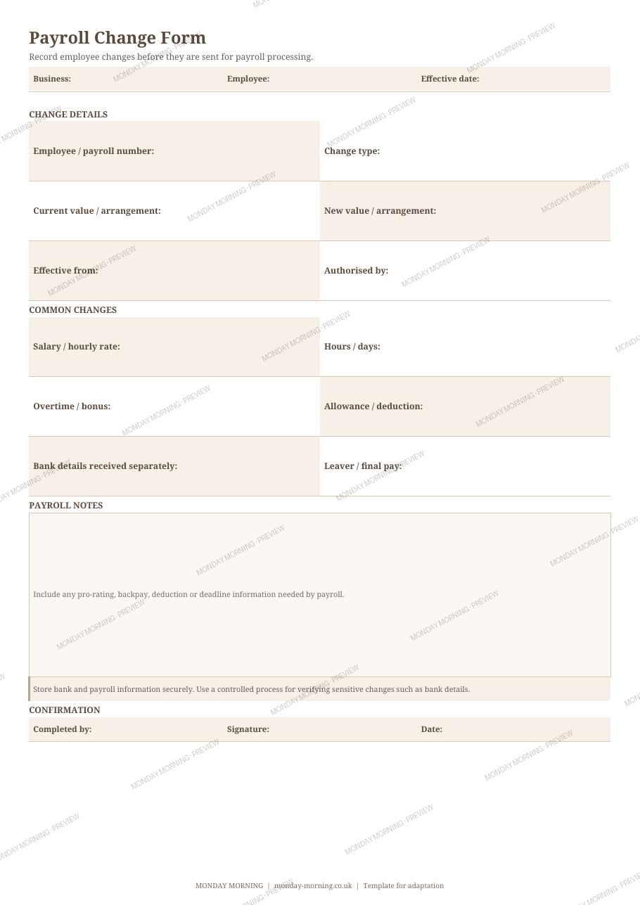 Payroll Change Form preview