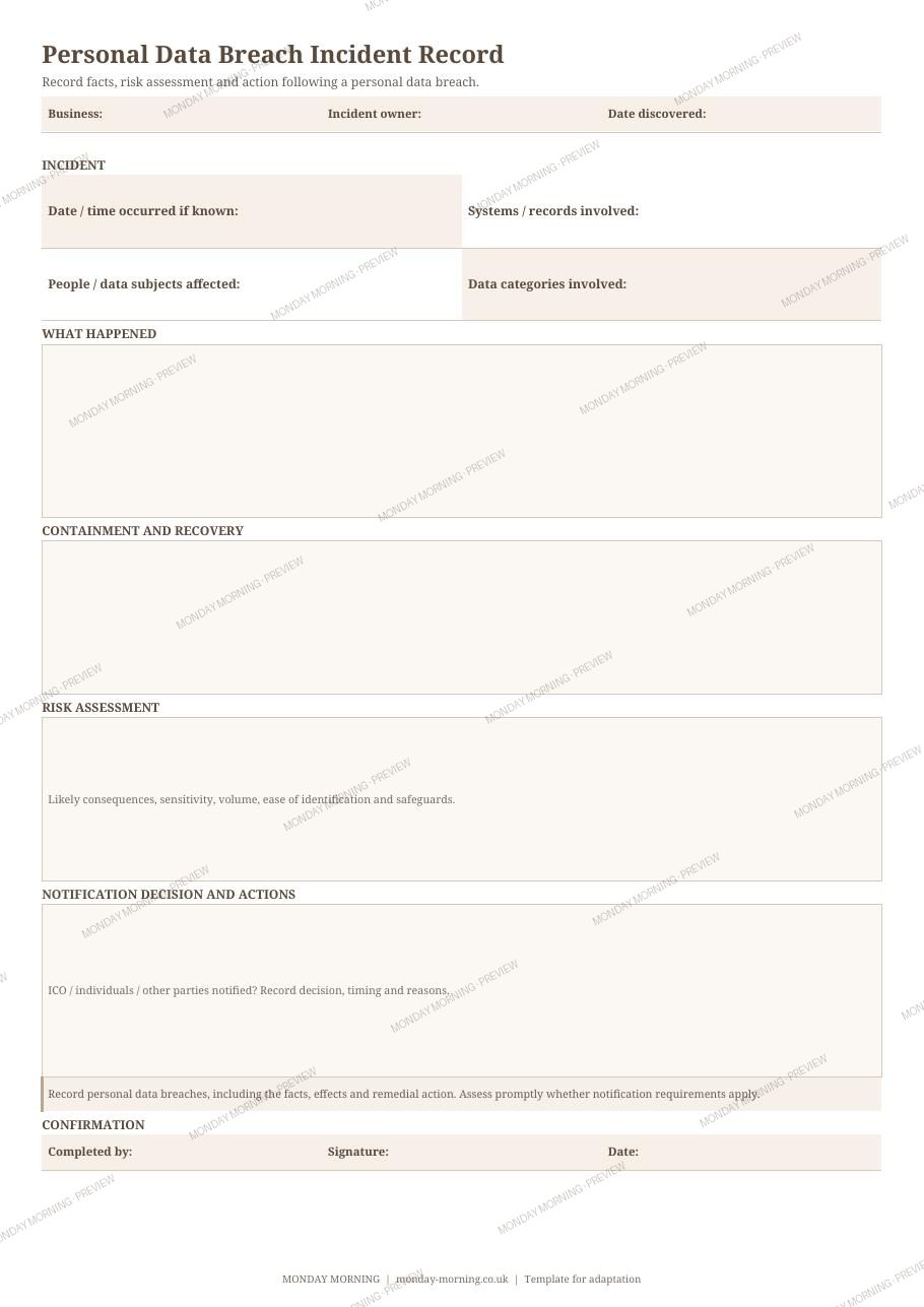 Personal Data Breach Incident Record preview