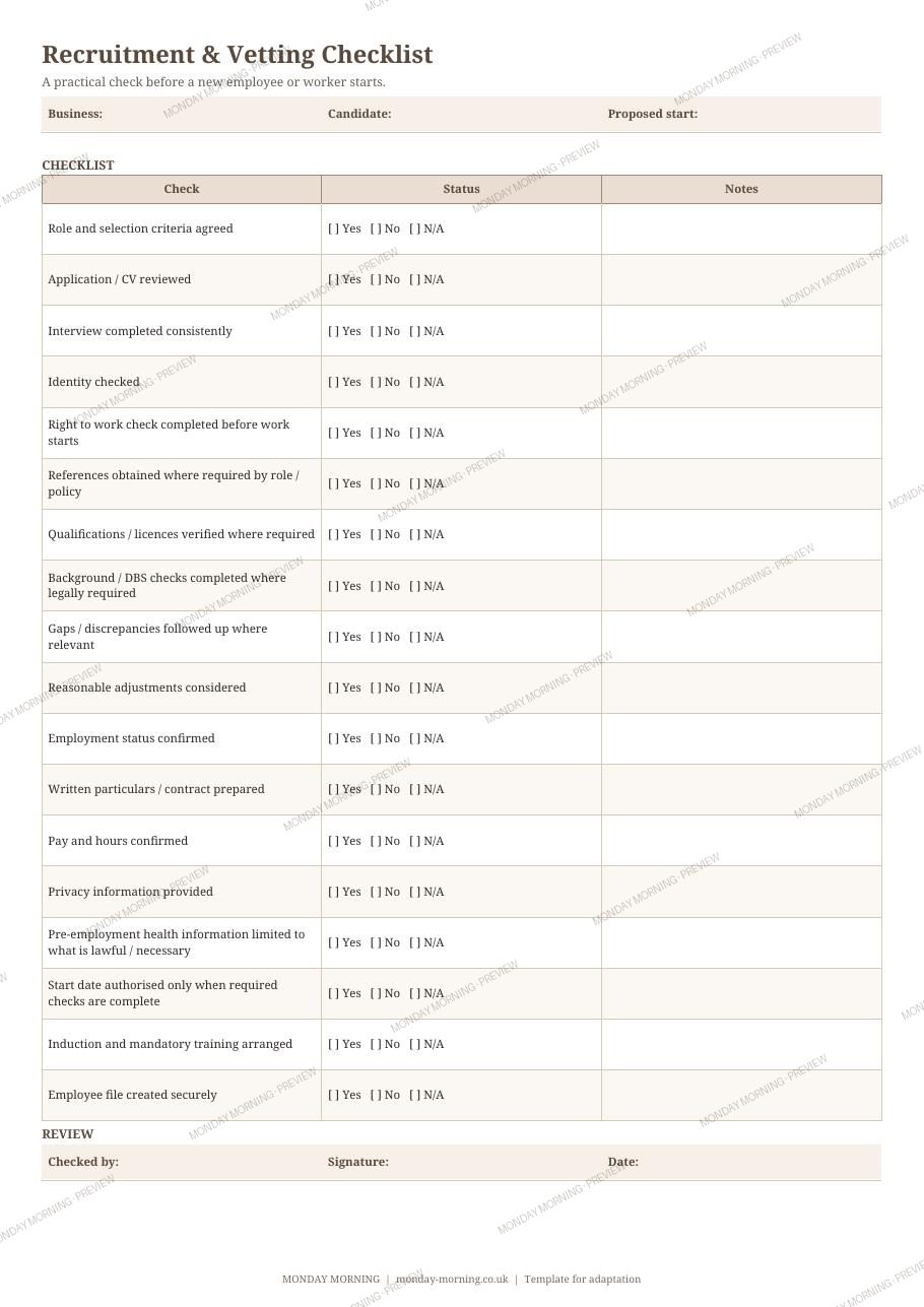 Recruitment & Vetting Checklist preview