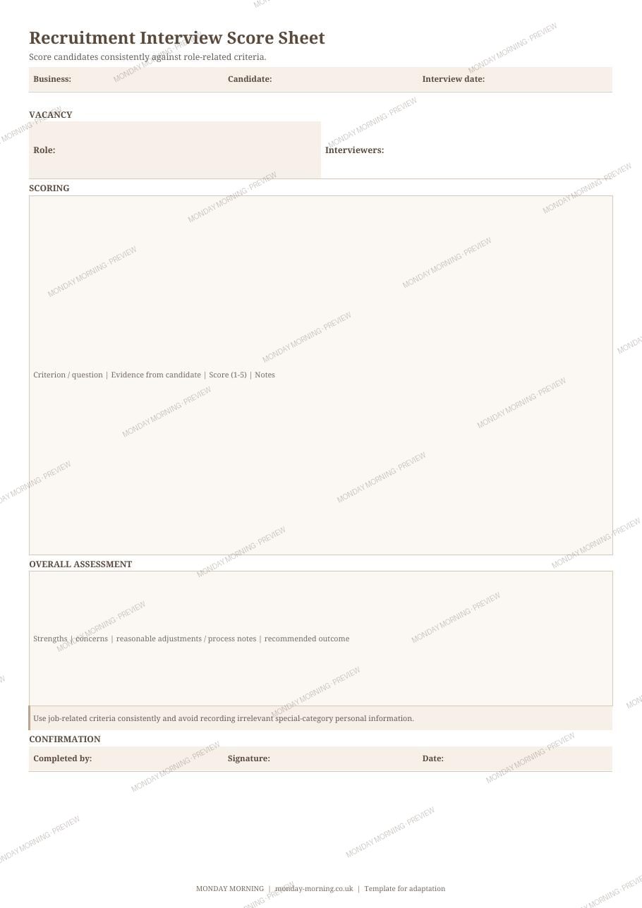 Recruitment Interview Score Sheet preview