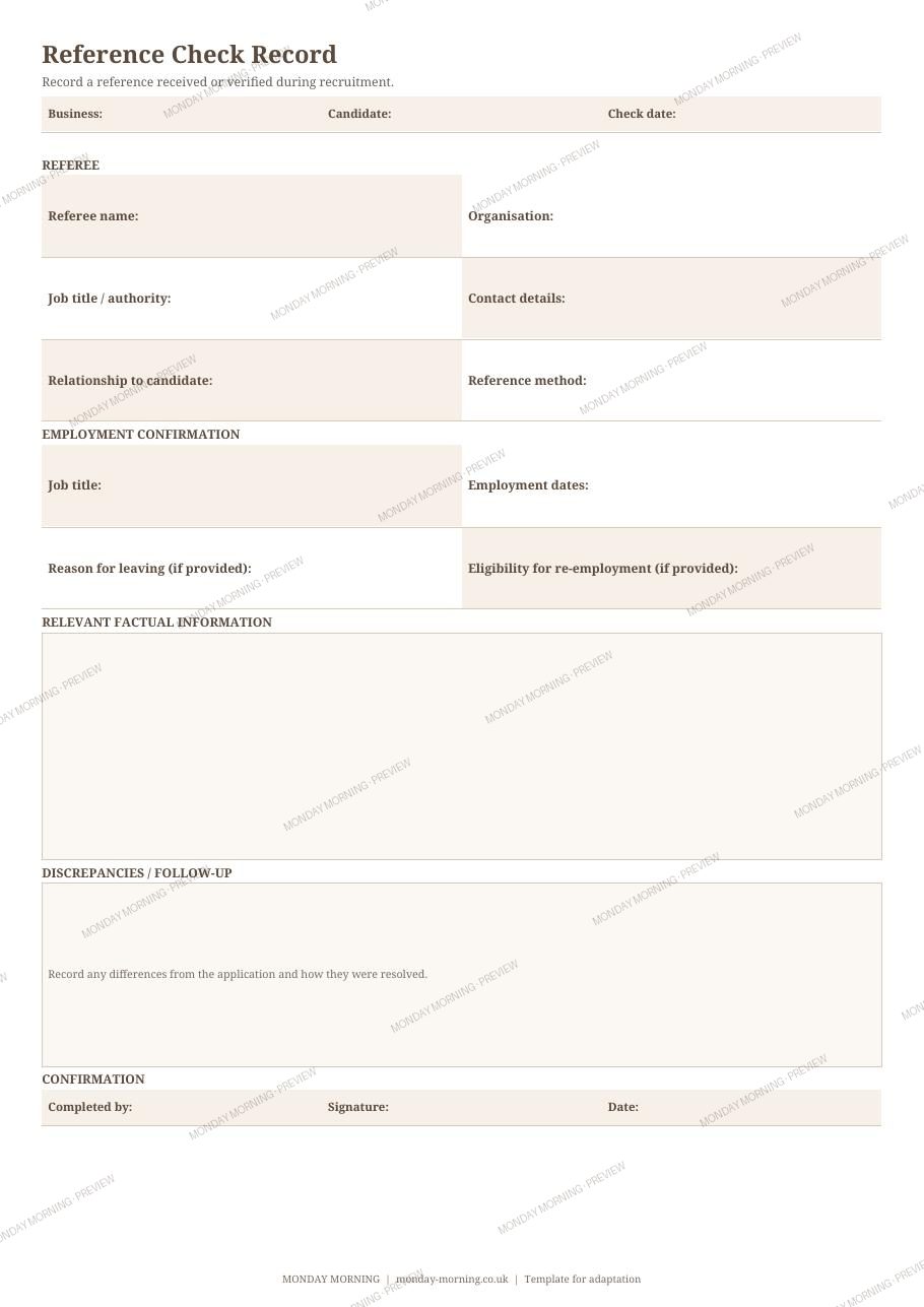 Reference Check Record preview