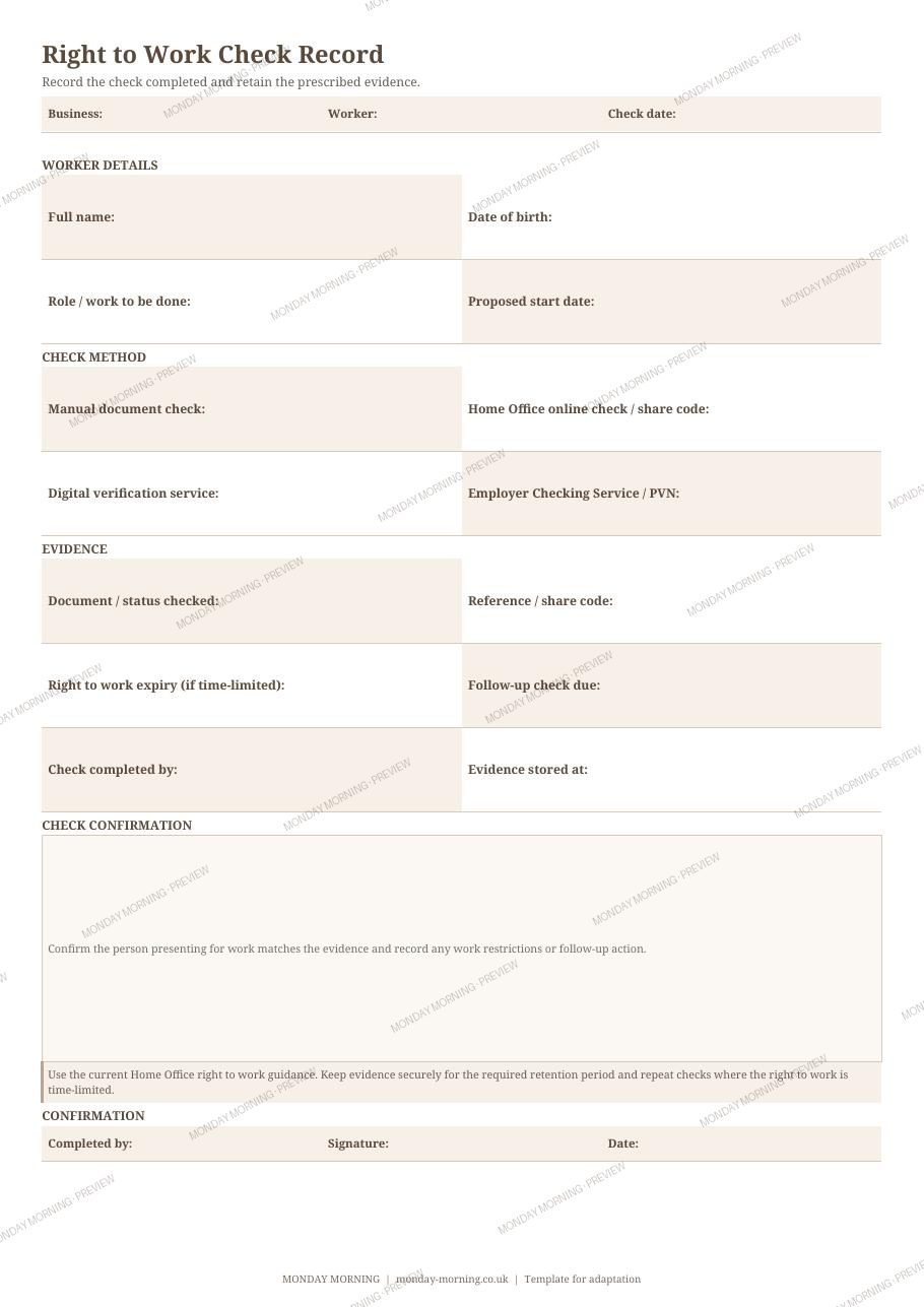 Right to Work Check Record preview