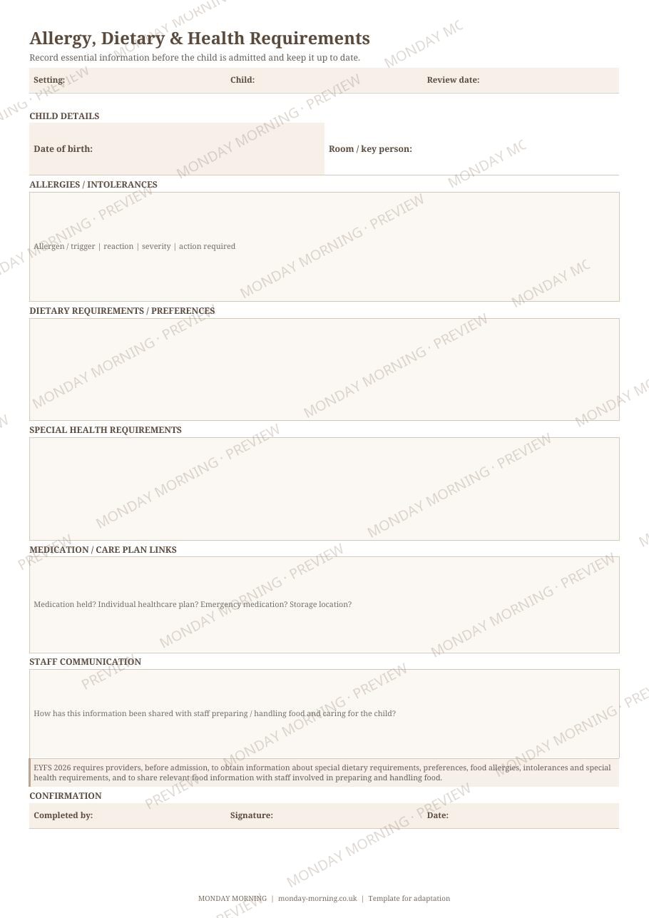 Allergy, Dietary & Health Requirements preview