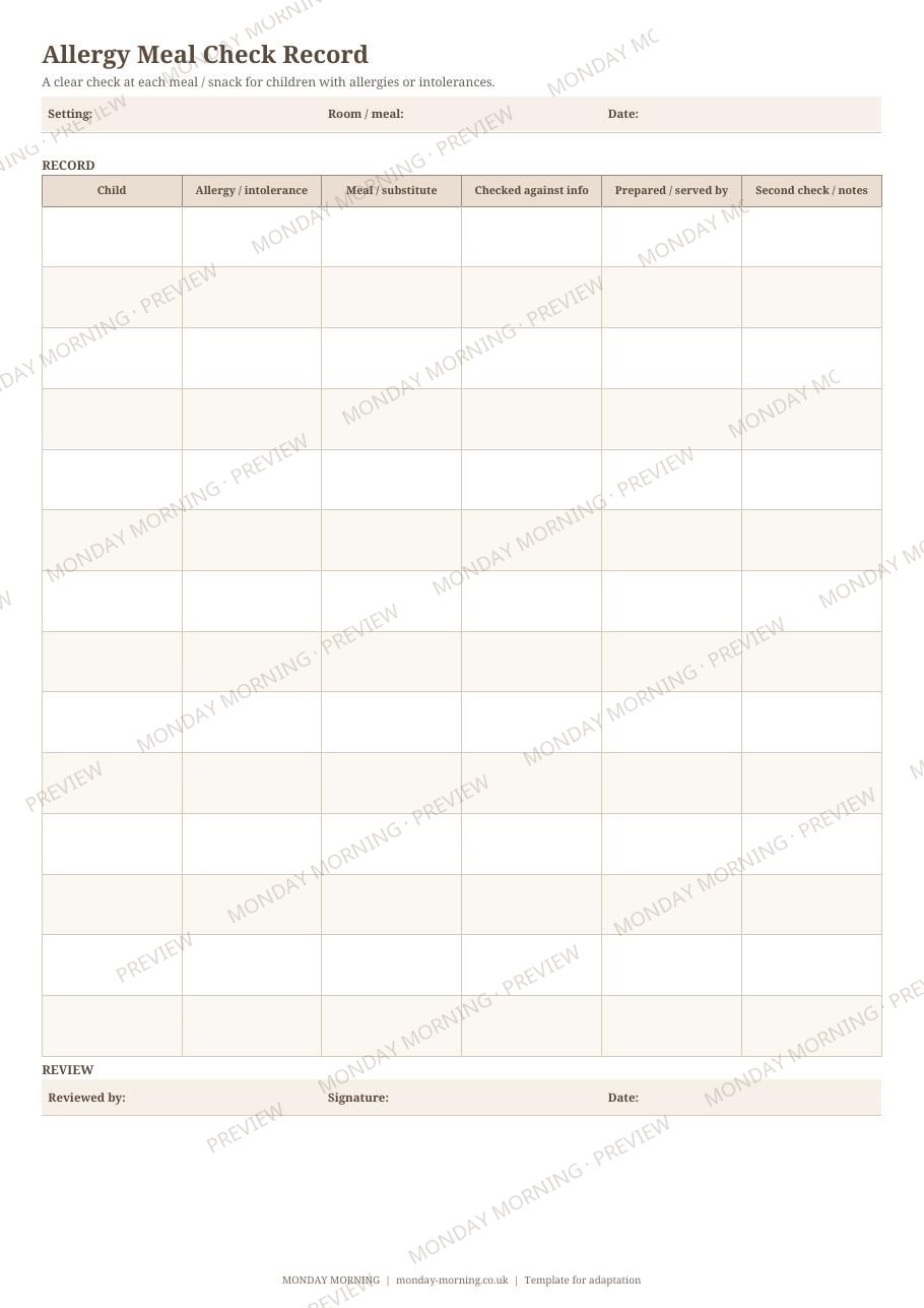 Allergy Meal Check Record preview