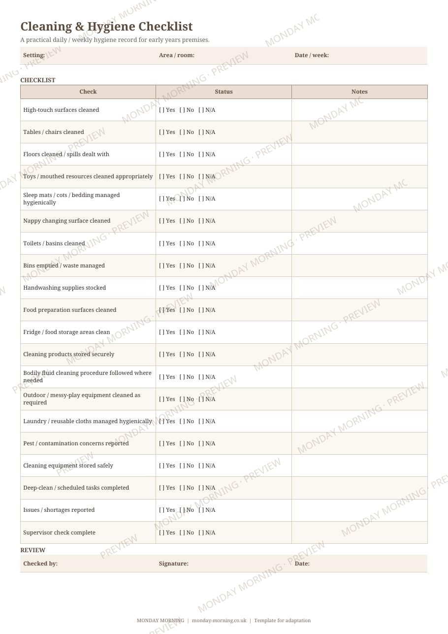 Cleaning & Hygiene Checklist preview