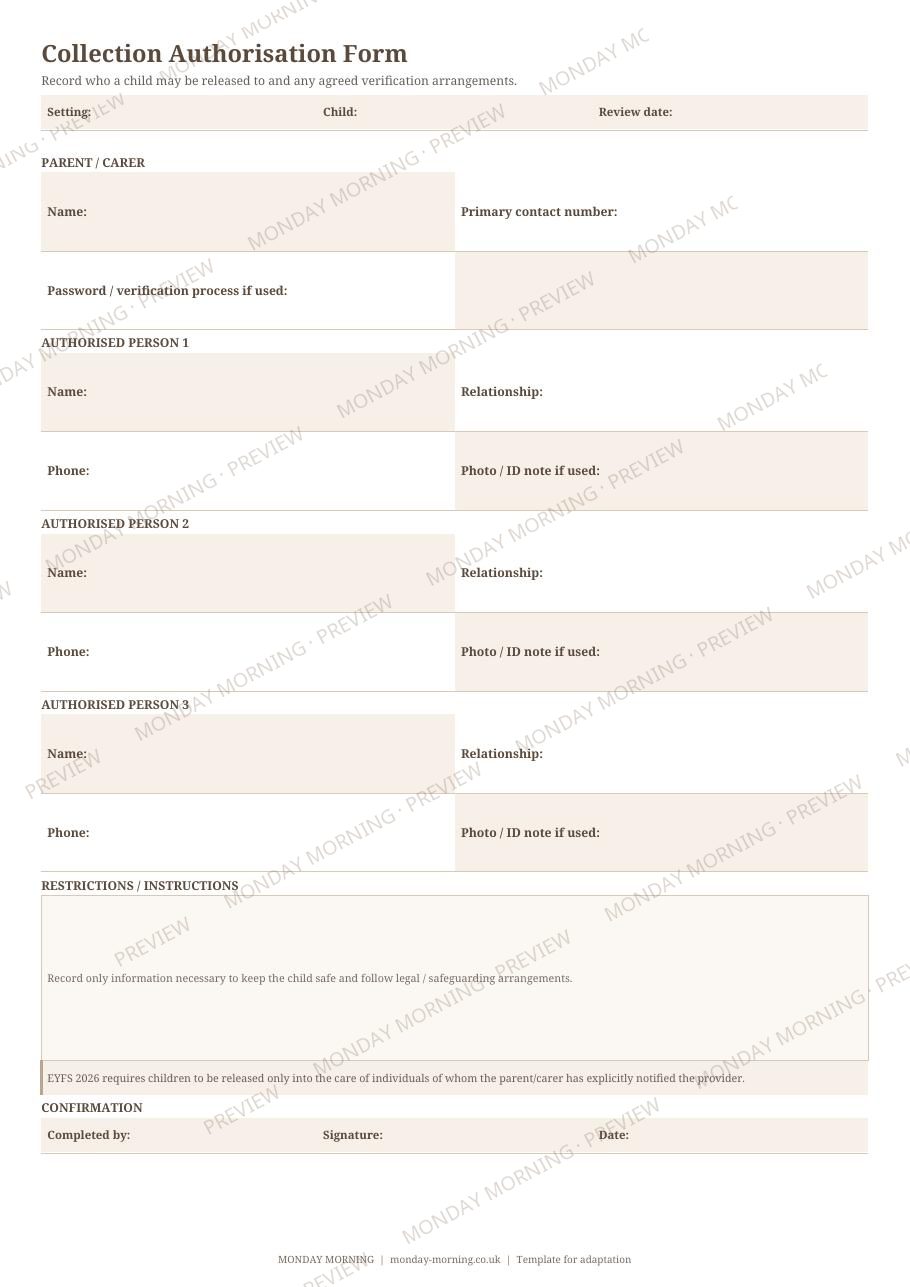 Collection Authorisation Form preview