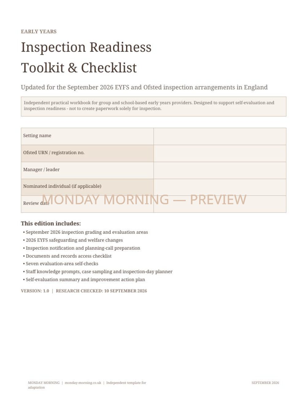 Early Years Inspection Readiness Toolkit & Checklist — September 2026 preview