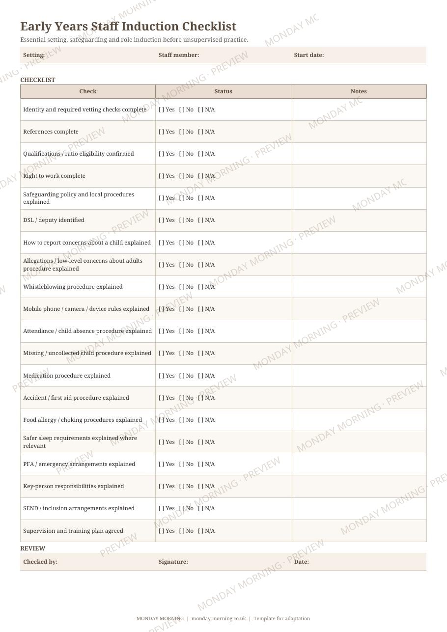 Early Years Staff Induction Checklist preview