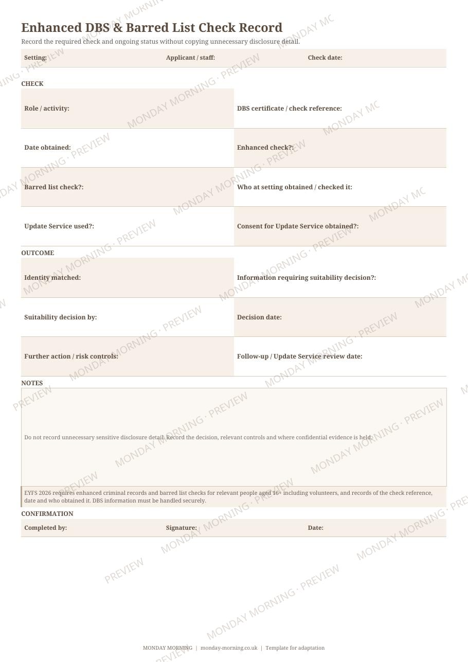 Enhanced DBS & Barred List Check Record preview