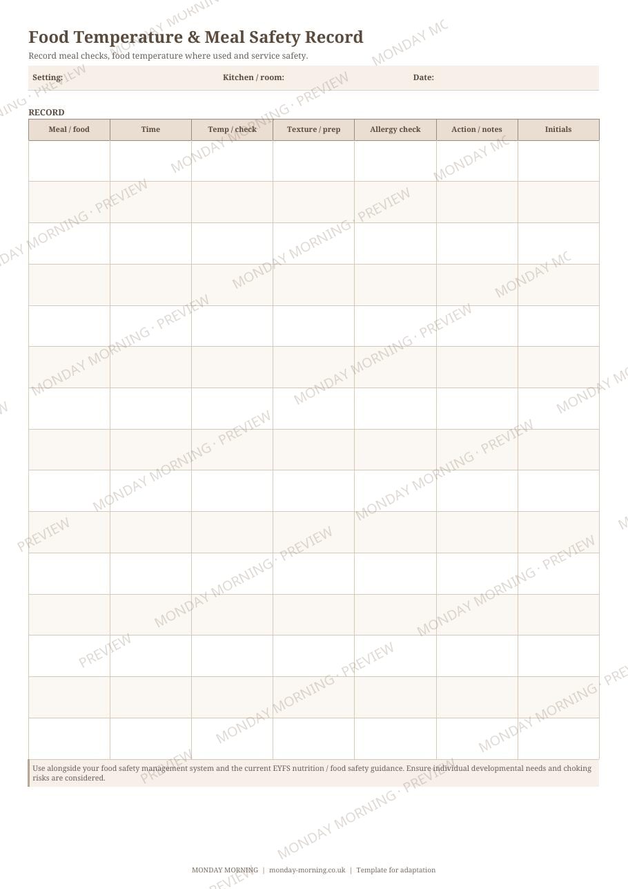 Food Temperature & Meal Safety Record preview