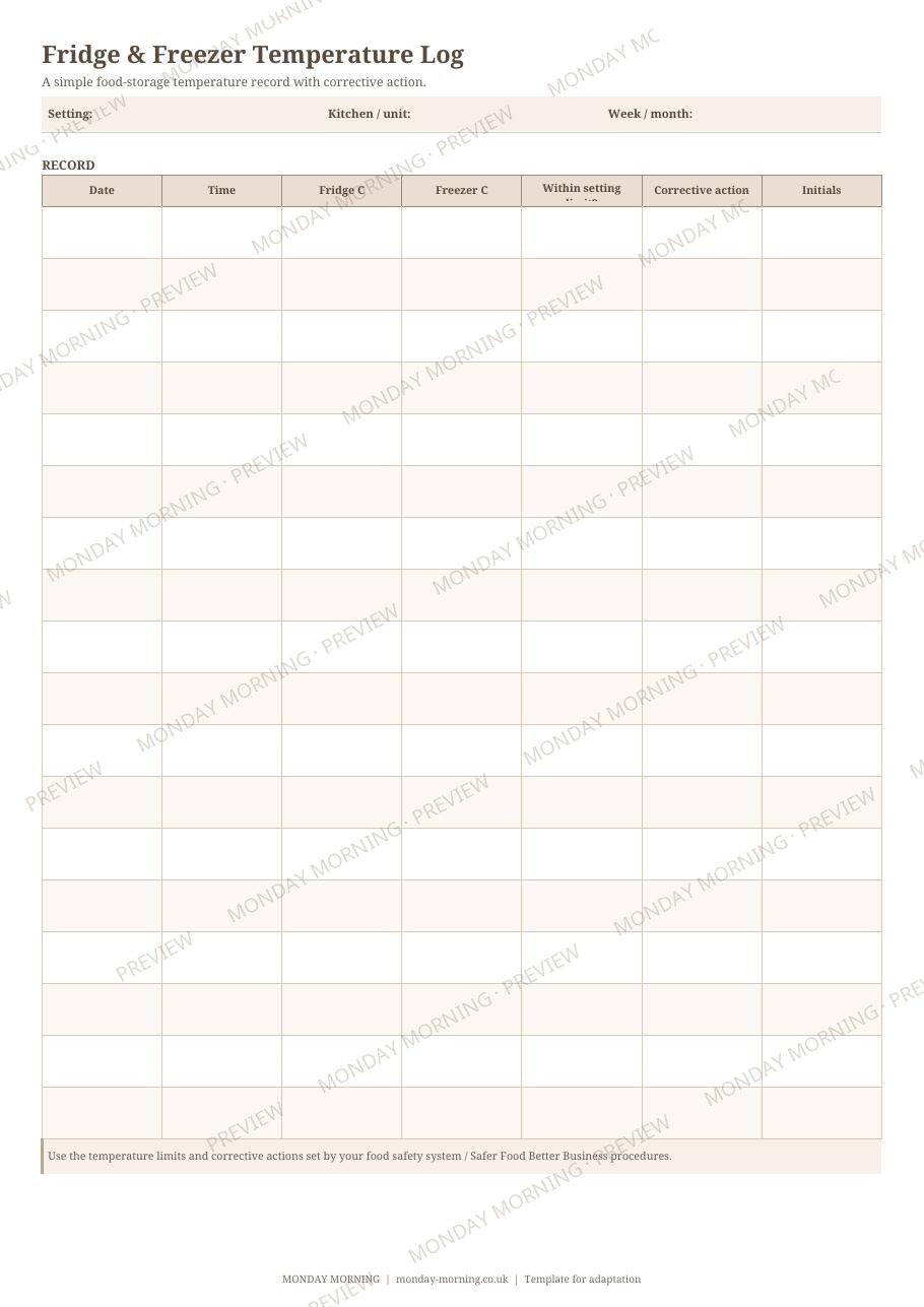 Fridge & Freezer Temperature Log preview