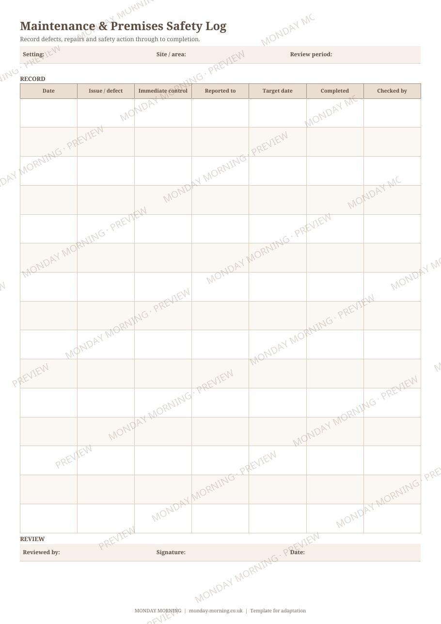 Maintenance & Premises Safety Log preview