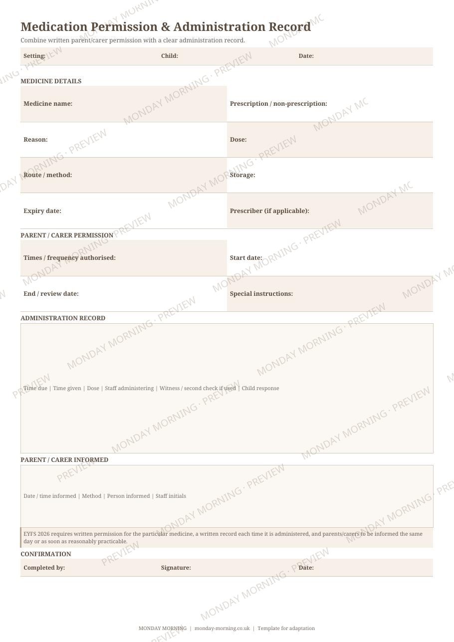 Medication Permission & Administration Record preview