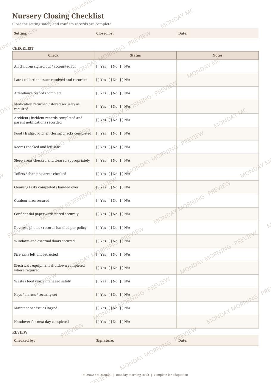 Nursery Closing Checklist preview
