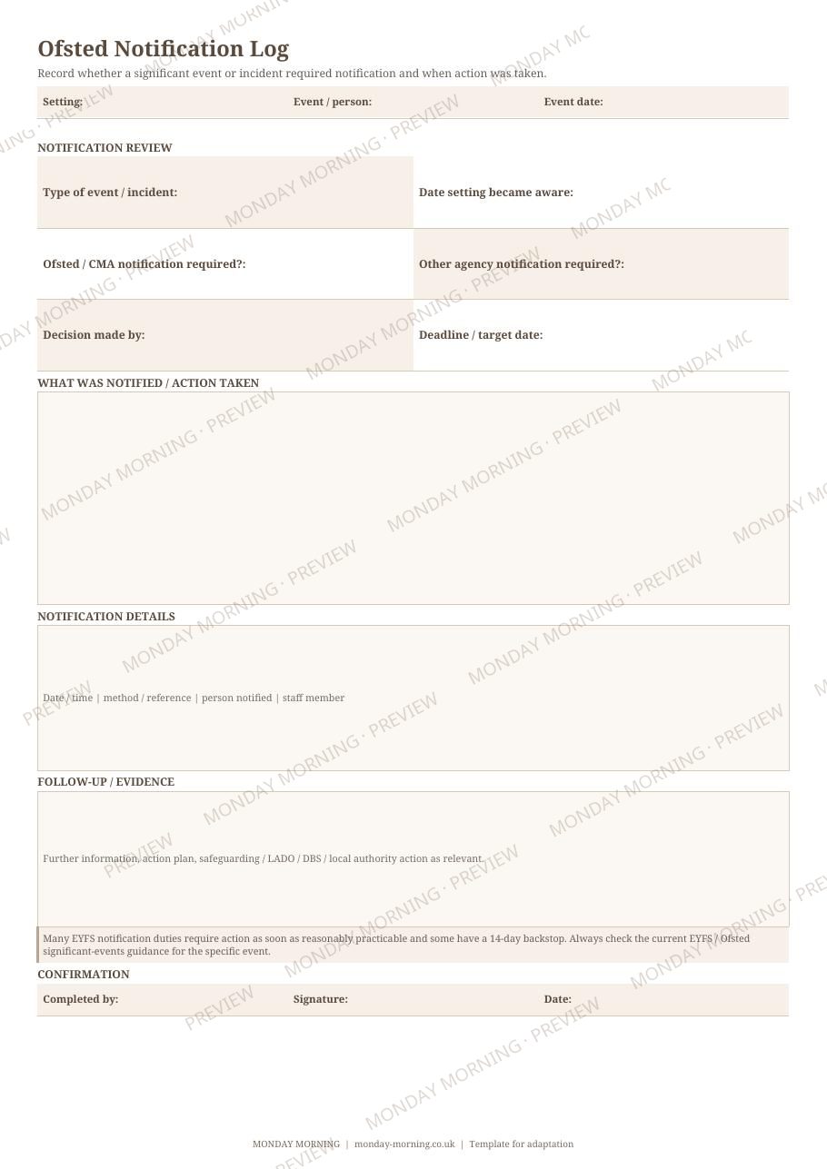 Ofsted Notification Log preview