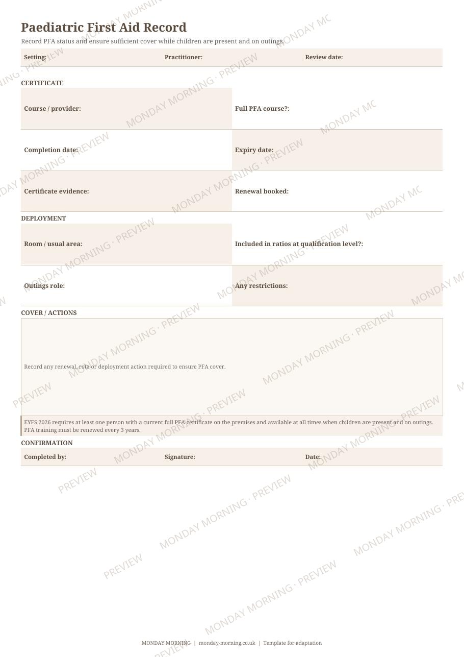 Paediatric First Aid Record preview