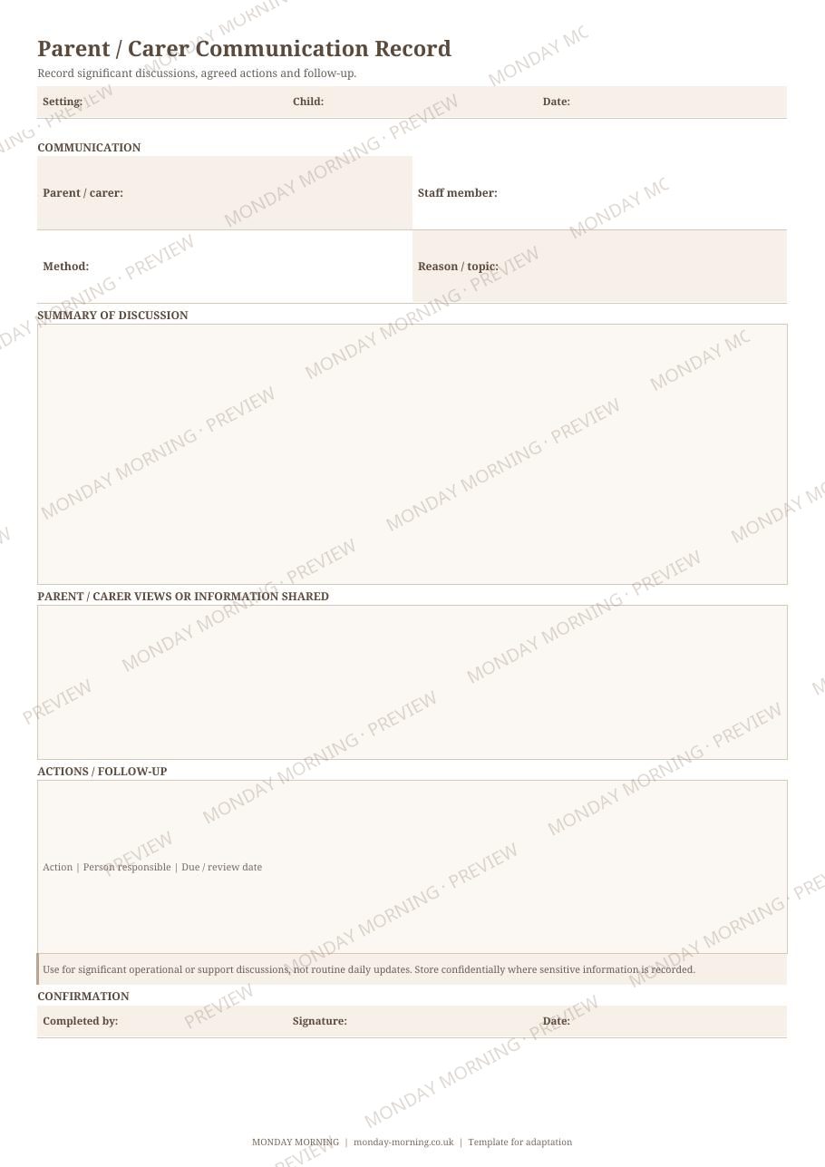 Parent / Carer Communication Record preview