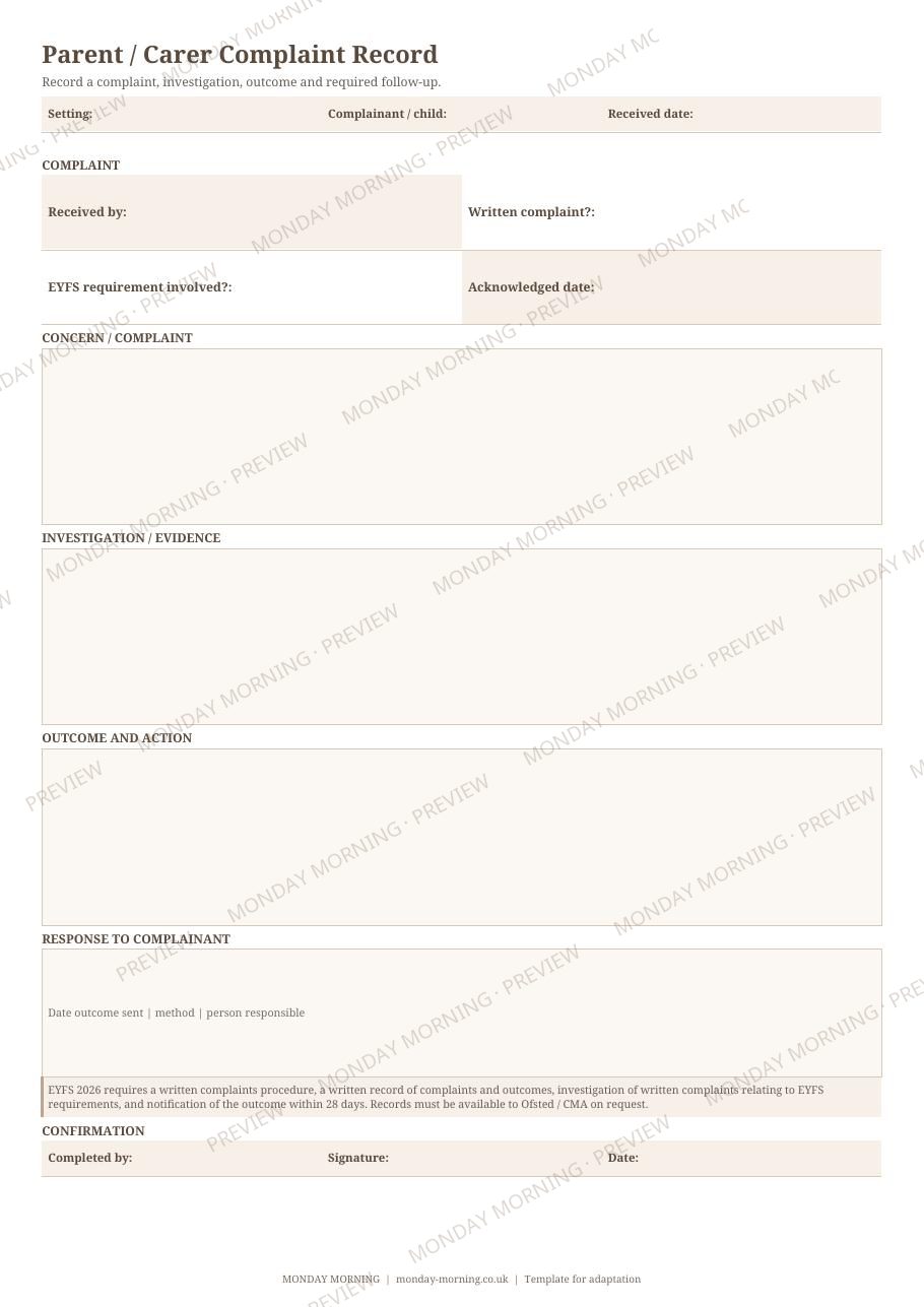 Parent / Carer Complaint Record preview