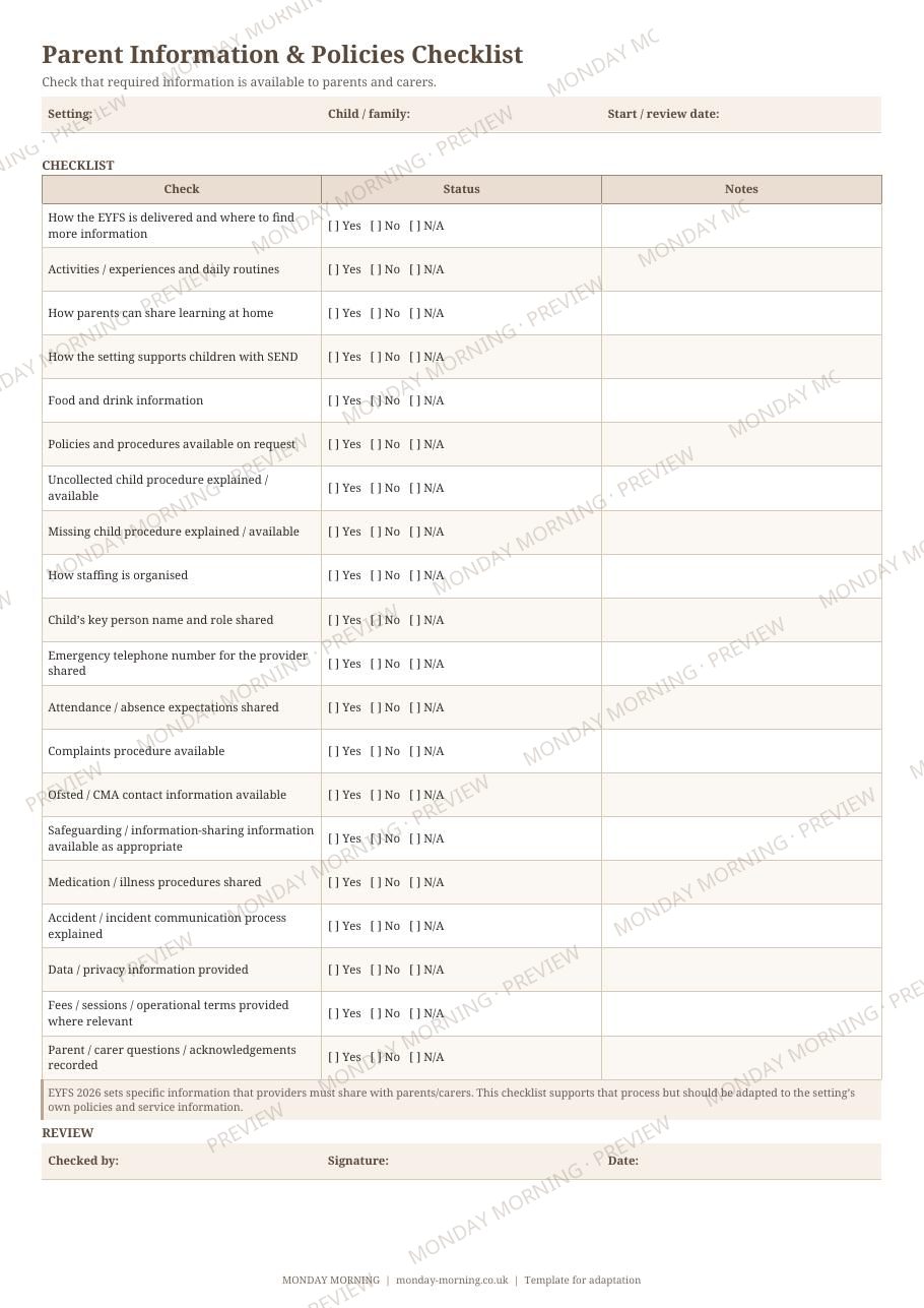 Parent Information & Policies Checklist preview