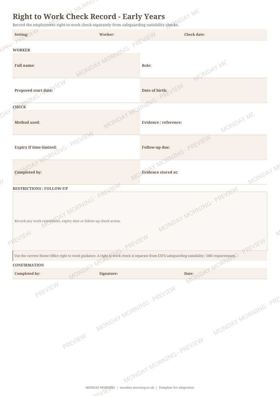 Right to Work Check Record – Early Years preview