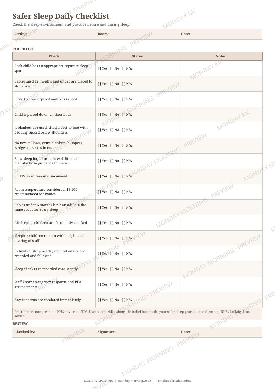 Safer Sleep Daily Checklist preview